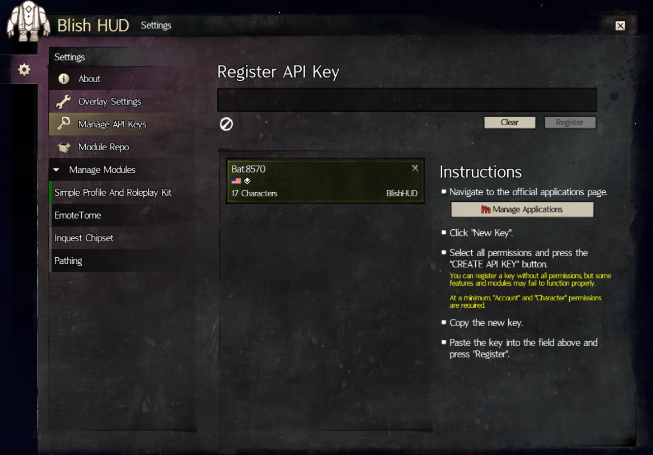 Image showing Blish HUD's API Key page