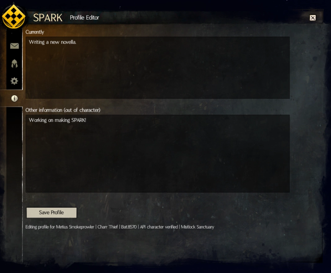 SPARK Editor's Currently / OOC Info Window