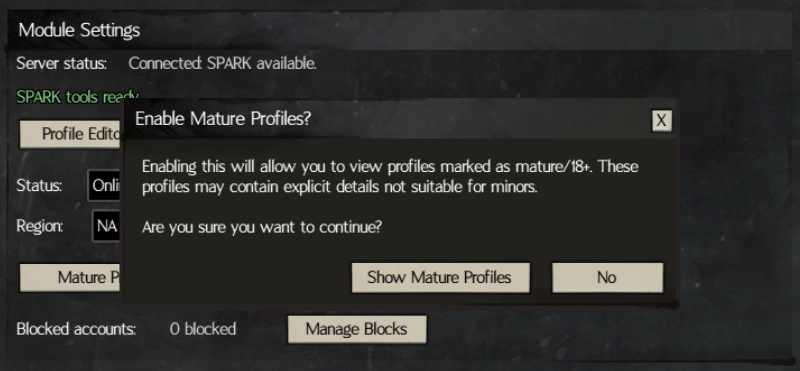 SPARK Module Settings Mature Profile Warning Popup