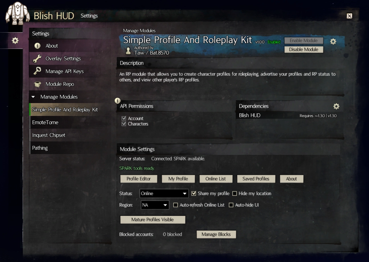 SPARK Module Settings Window
