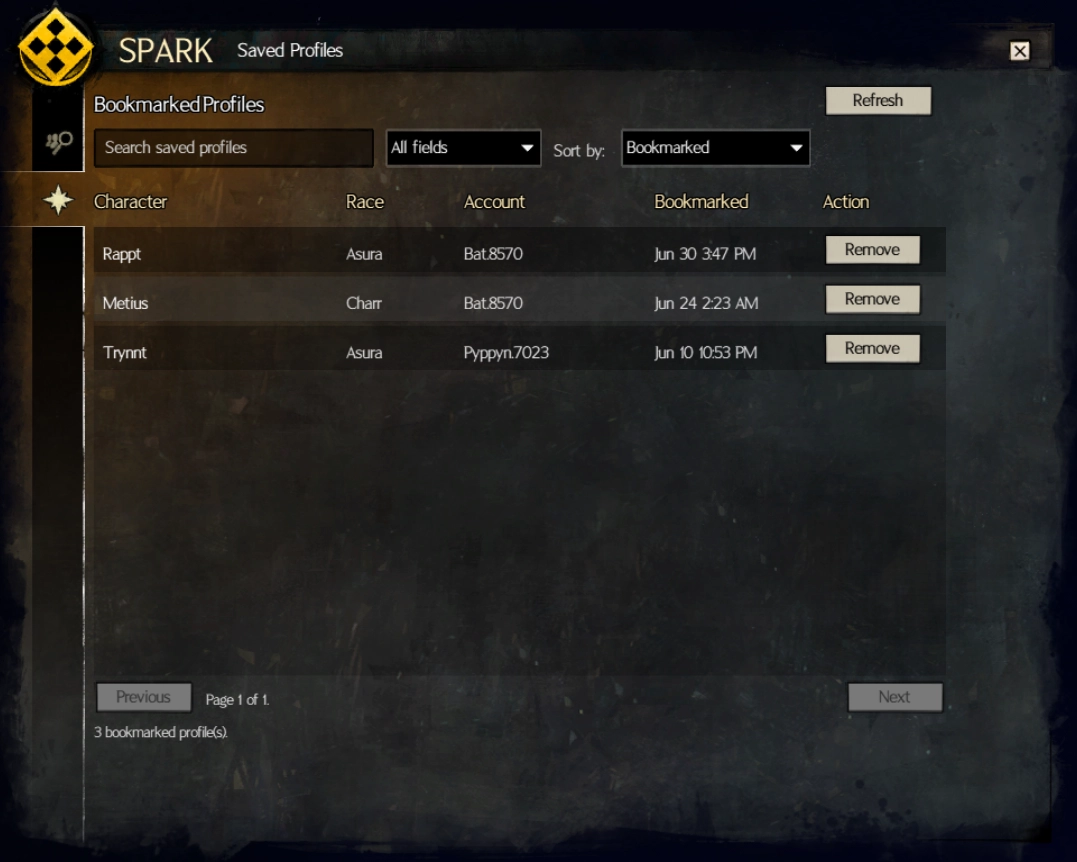 SPARK Bookmarked Profiles Window