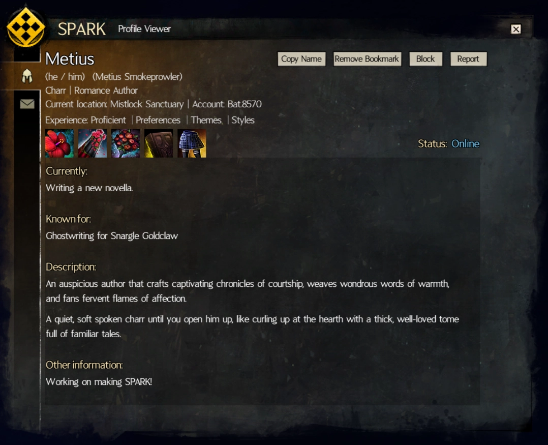 SPARK interface showing character profile tools